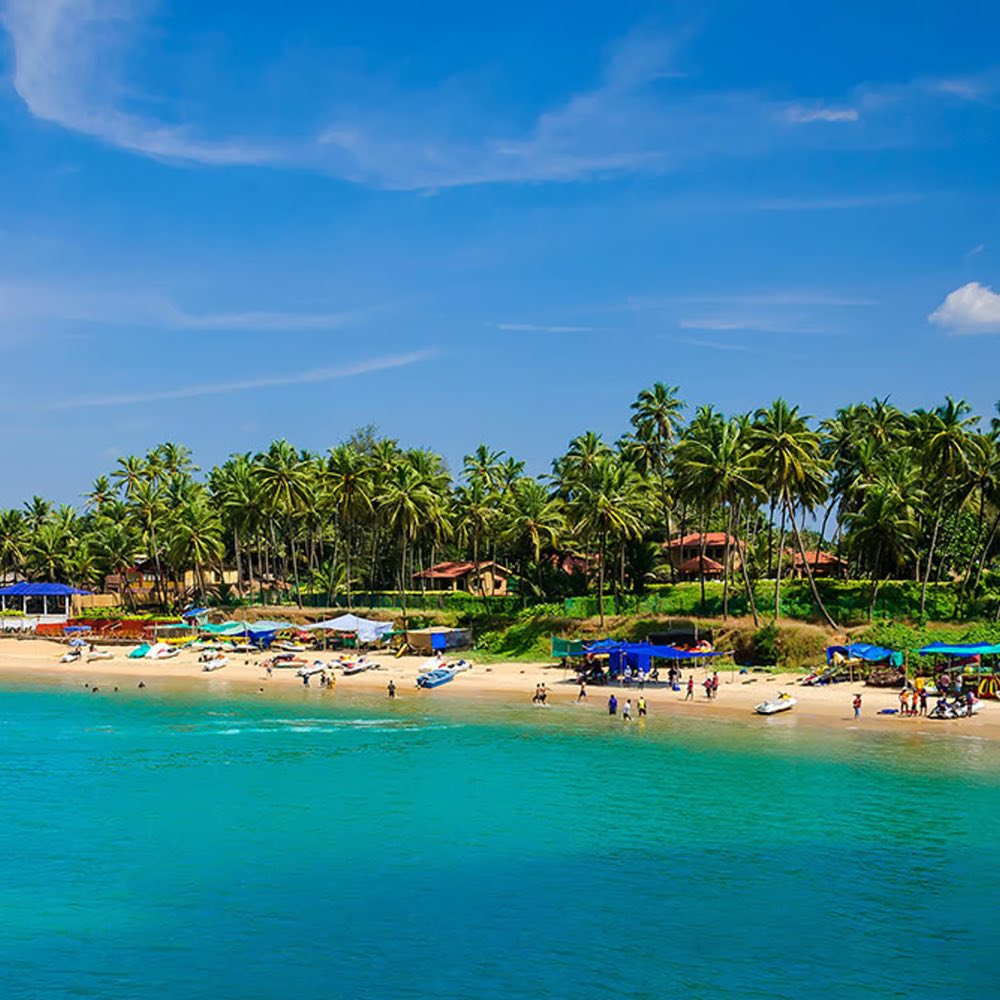 Palm-fringed sand and turquoise water on the Goa coast