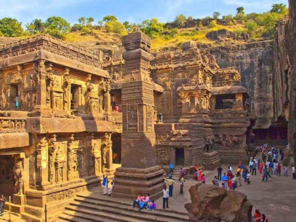 The Kailasa temple at Ellora, carved whole from the cliff face, Maharashtra